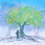 A tree is growing, there are two other trees supporting it and a girl standing in the shade of the tree