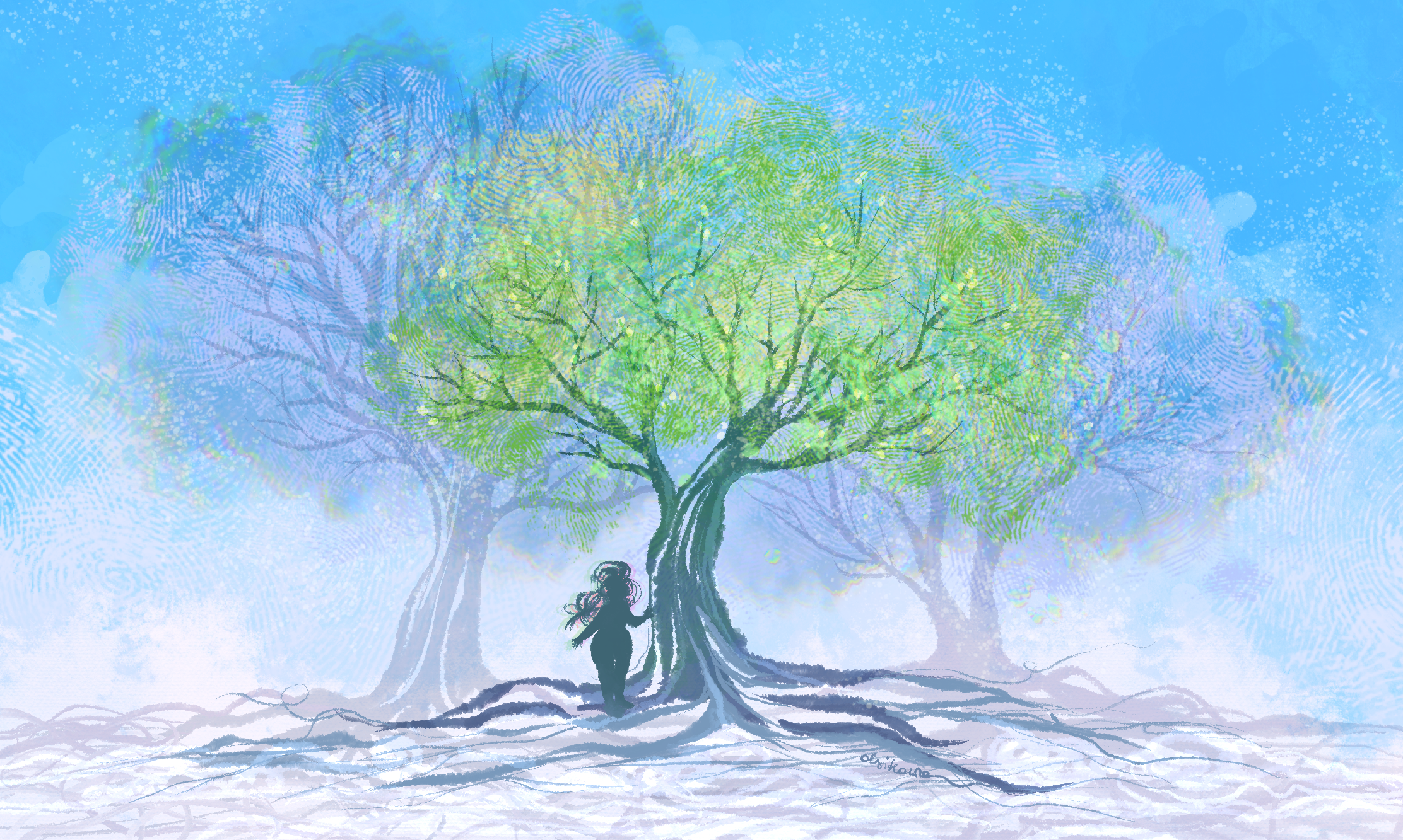 A tree is growing, there are two other trees supporting it and a girl standing in the shade of the tree